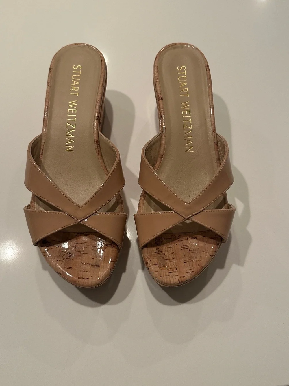 Stuart Weitzman Beige Patent Cork Platform Wedge Sandals - Picture 3 of 5